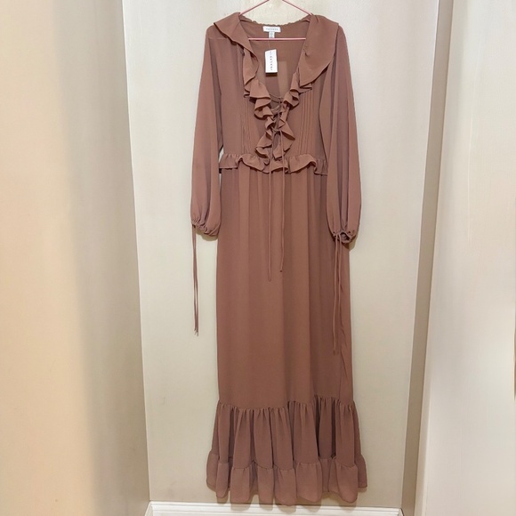 Topshop Long Sleeve Ruffle Layered Maxi Dress Pintuck Detail Spice Womens US 2 - Picture 5 of 7